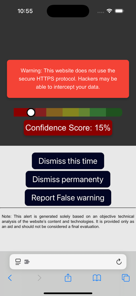 TrustFlow app screenshot showing a red security warning for a non-HTTPS website with a low confidence score of 15 percent.