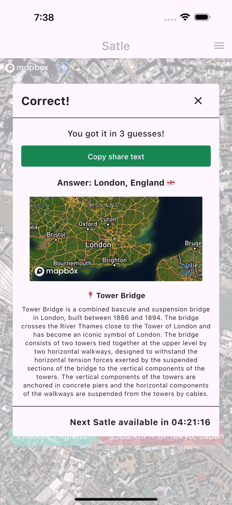 Satle geography game screen showing a correct answer for London with map and city facts