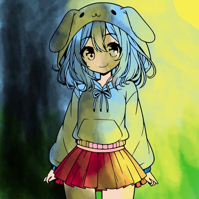 pretty anime girl wearing a fluffy hoodie with bunny ears on the hood and a skirt