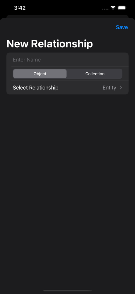 Interfaz para crear una nueva relación de datos en la aplicación Data Modeler.