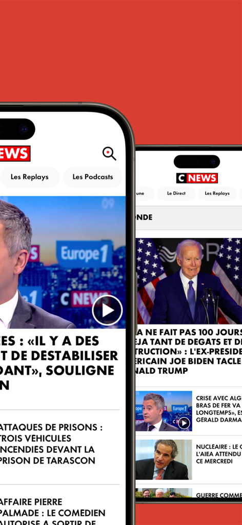 CNEWS - Toute l'Actu en direct - Interface de l'application mobile CNEWS montrant les gros titres, les replays vidéo et les sections podcast.