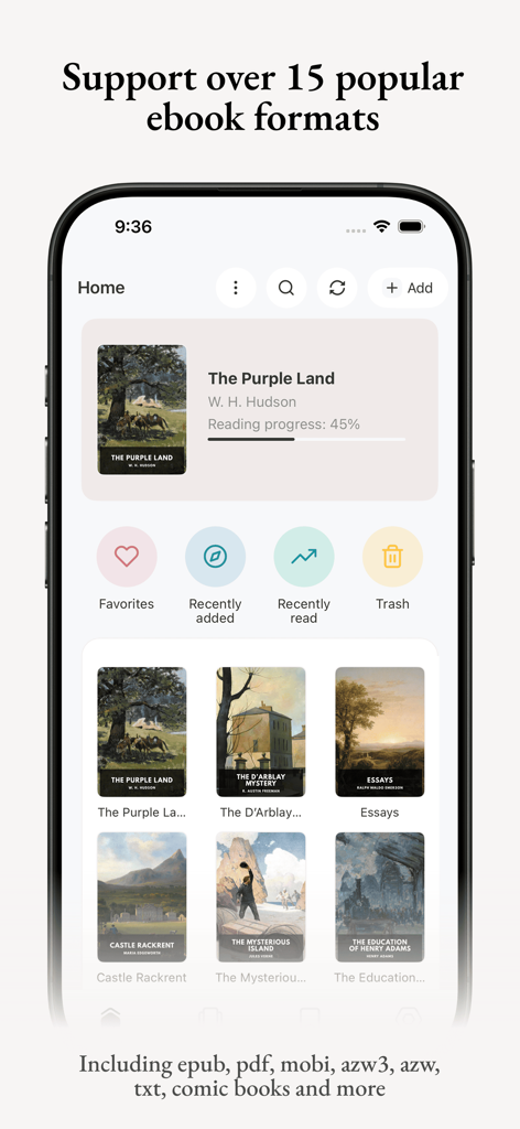 Koodo Reader - Koodo Reader mobile app home screen showing digital book library and supported ebook formats like EPUB and PDF