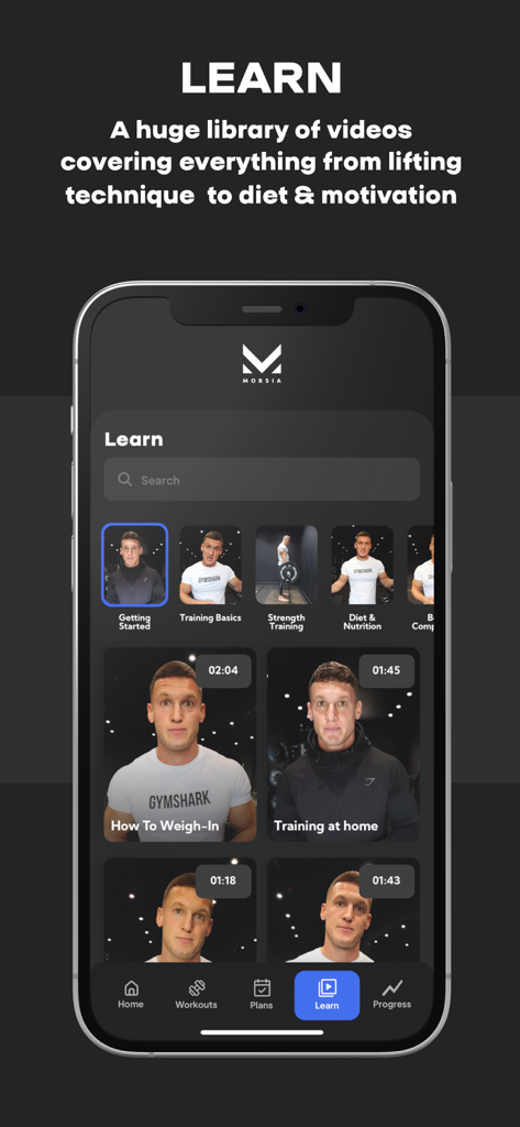Morsia - Morsia app Learn screen showing a library of fitness and nutrition videos