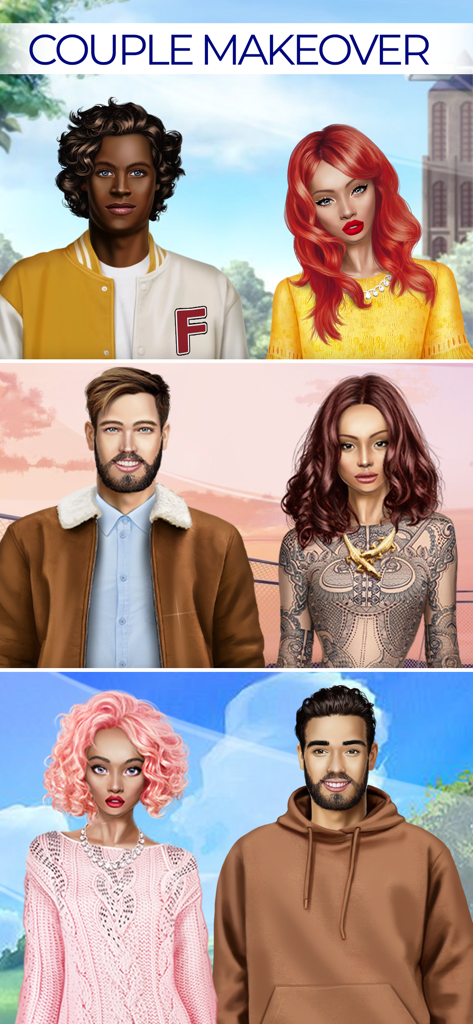 Celebrity Fashion Show Games - Exhibición de varias parejas de celebridades elegantes con diferentes atuendos y peinados en el juego