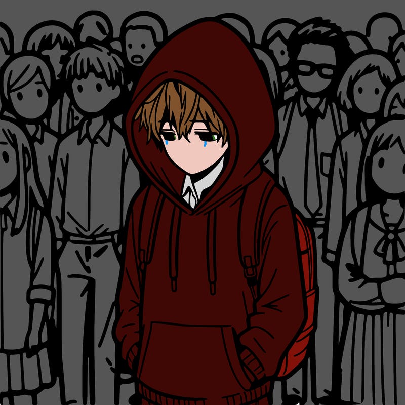 a manga boy with hood down walking through a crowd sad