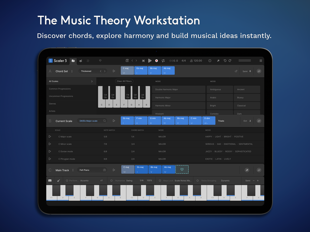 Interfaz de la aplicación Scaler 3 en iPad que muestra conjuntos de acordes y teclado de piano para la composición musical