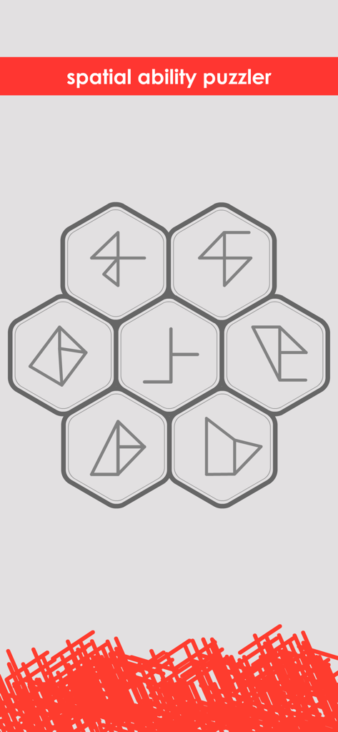 六角形の中に幾何学的な線画が描かれた、Hidden Shapesアプリのミニマルなパズル画面。