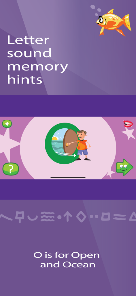 Read Nardagani: Learn to Read - Visual memory hint for the letter O featuring a boy opening a door to the ocean in the Read Nardagani app.