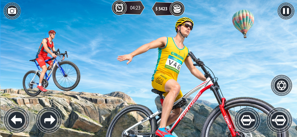 Offroad BMX Bike Race 3D - Gameplay of Offroad BMX Bike Race 3D showing a cyclist performing a stunt on a mountain trail.