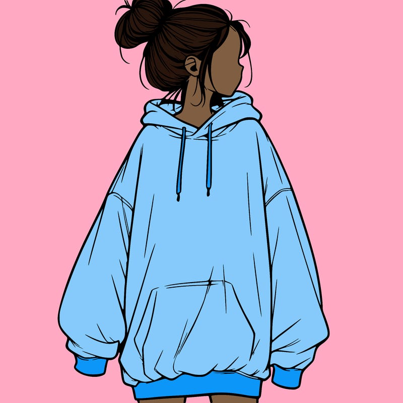 realistic girl with a oversized sweatshirt on and a bun
