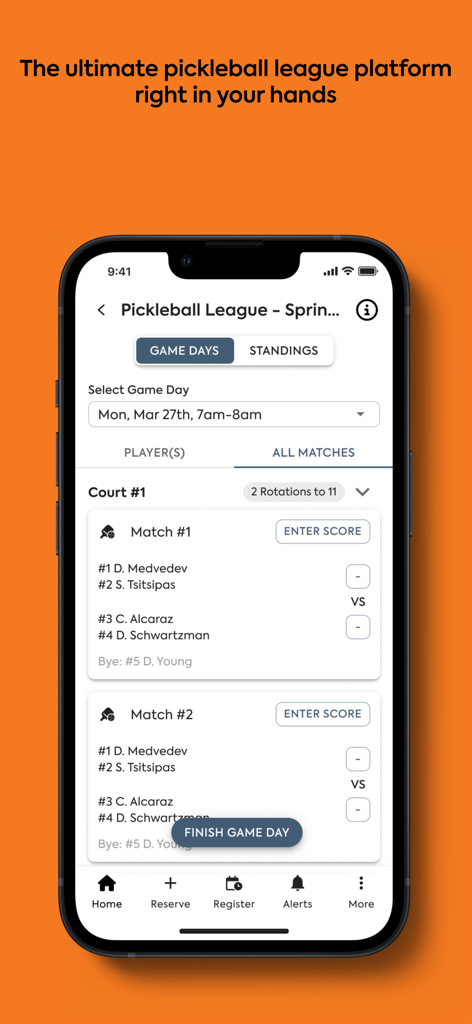 Dill Dinkers Indoor Pickleball - Dill Dinkers app screen showing pickleball league match schedules and score entry options