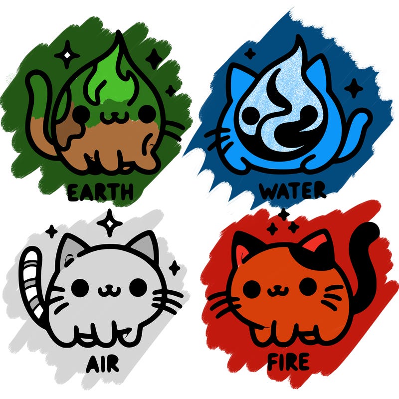 4 cats that represent the different elements, earth, water, air, and fire