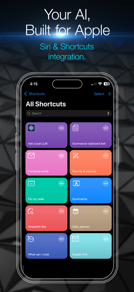 Local LLM: Private Secure Chat - Application LLM Local montrant l'intégration de Siri et Raccourcis sur un écran d'iPhone
