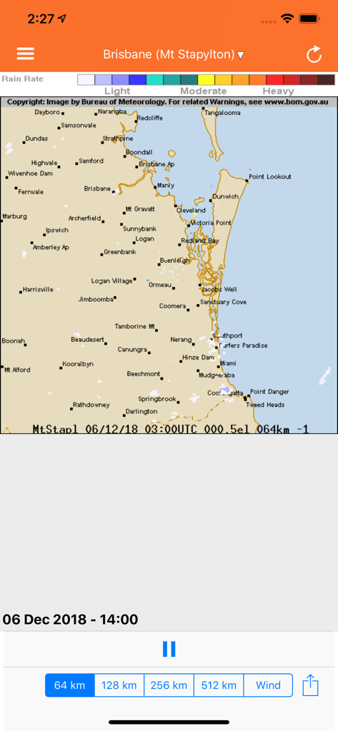 QLD Fires - Weather radar map of Queensland showing rain rate and coastal locations in the QLD Fires app