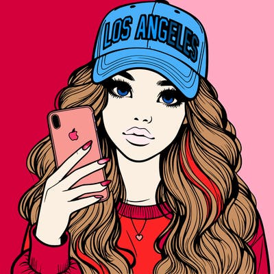 realistic beautiful girl wearing los ángeles cap holding an iphone