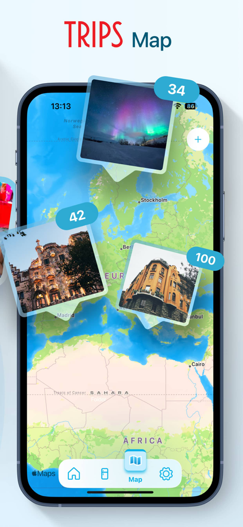 Gulli - Gulli app screenshot showing a world map with pinned travel photos and memory counts
