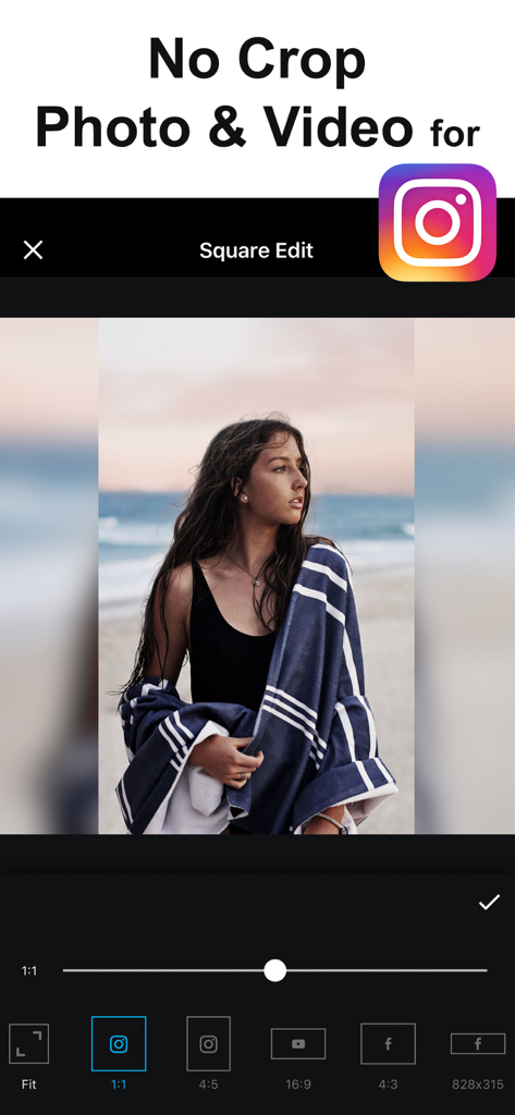 흐릿한 배경 효과로 정사각형 인스타그램 게시물에 맞게 크기가 조절된 세로 사진을 보여주는 앱 인터페이스.