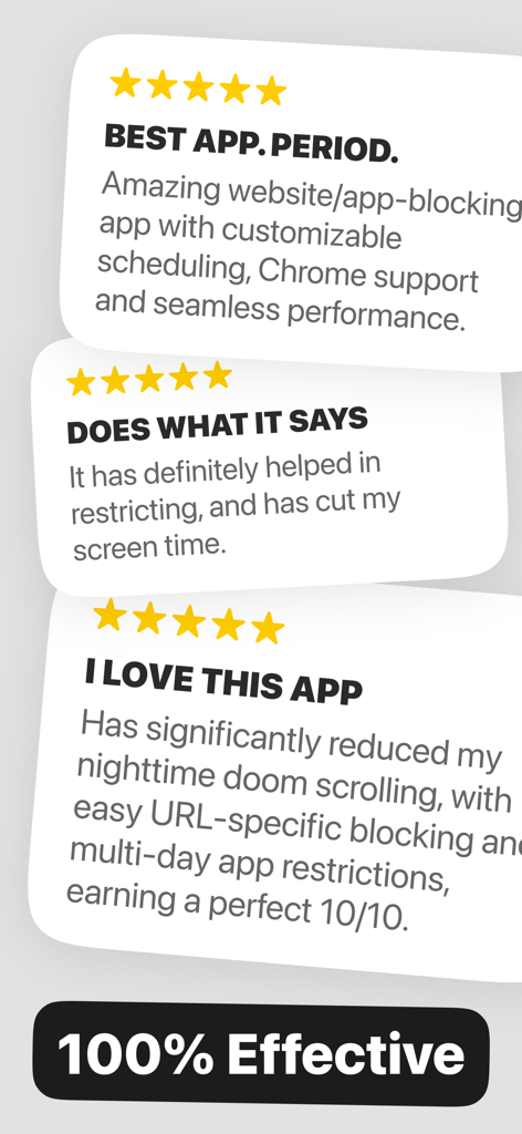 Five-star user reviews for Refocus app showing positive feedback on blocking websites and reducing screen time.