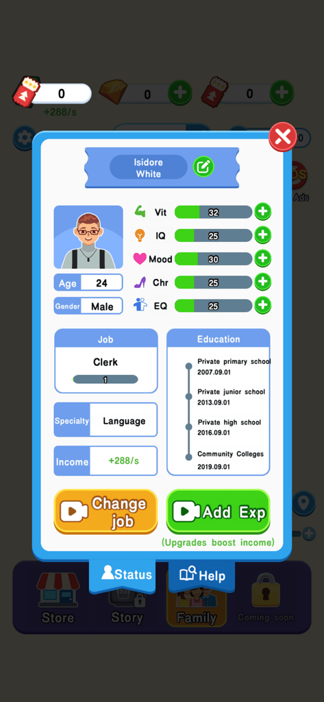 Character status interface in My Way My Life simulation game showing attributes job details and education history for Isidore White