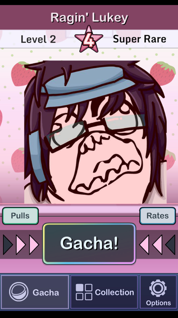 Meme Gacha! - Captura de pantalla de la aplicación Meme Gacha que muestra una carta de personaje Super Rara de Ragin Lukey