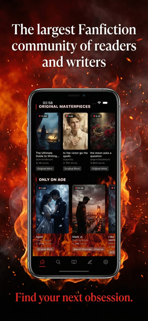 Pantalla de inicio de la aplicación AOE Fanfiction mostrando historias originales y una interfaz de lectura con fondo de llamas.