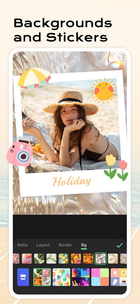 Foto di spiaggia delle vacanze in fase di modifica con adesivi estivi e uno sfondo ondulato nell'interfaccia dell'app InCollage.
