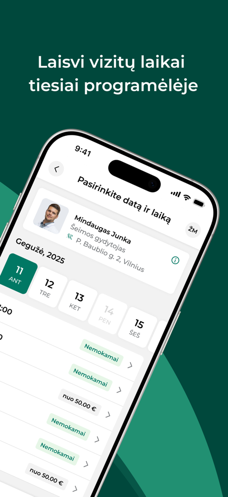 Meliva Lietuva - Interfaz de la aplicación Meliva Lietuva para programar una cita médica con franjas horarias y precios disponibles