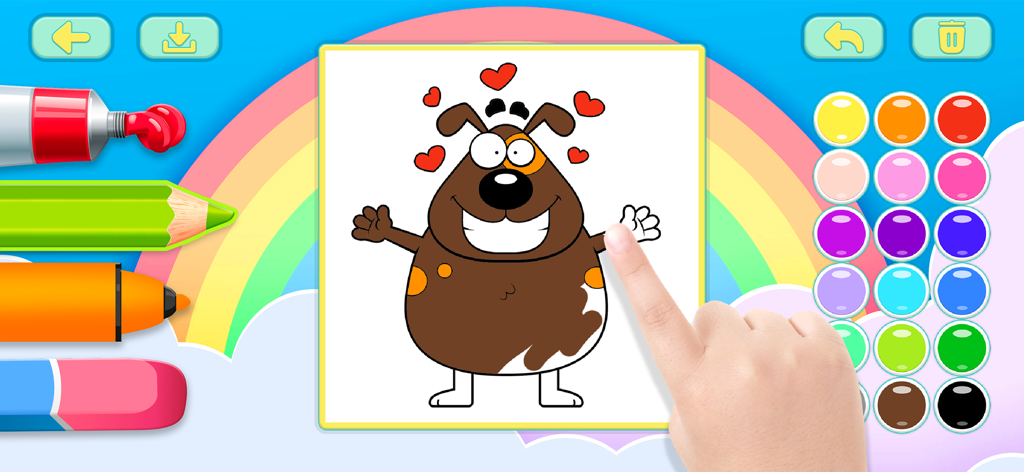 Coloring book Kids Art game - Interface of a kids coloring app showing a cartoon dog being colored by a finger.