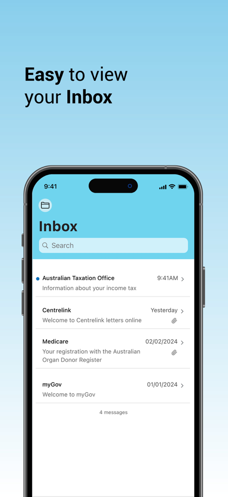 The myGov app inbox screen displaying messages from Australian government services like ATO and Medicare.