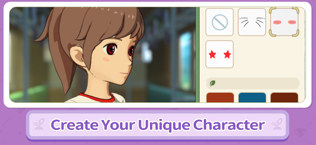 MORIKOMORI LIFE - Pantalla de personalización de personaje en MORIKOMORI LIFE que muestra una chica estilo anime y opciones faciales