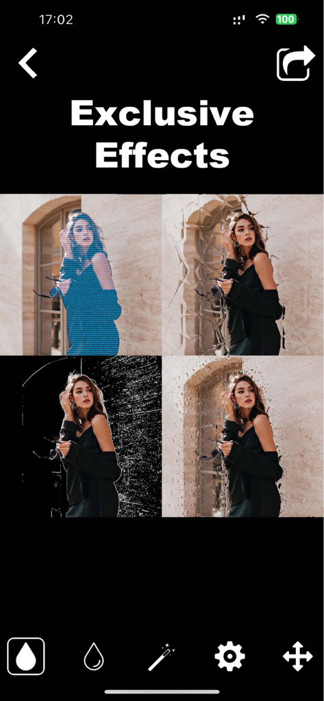 Four examples of creative and exclusive artistic photo filters in the Blurr app