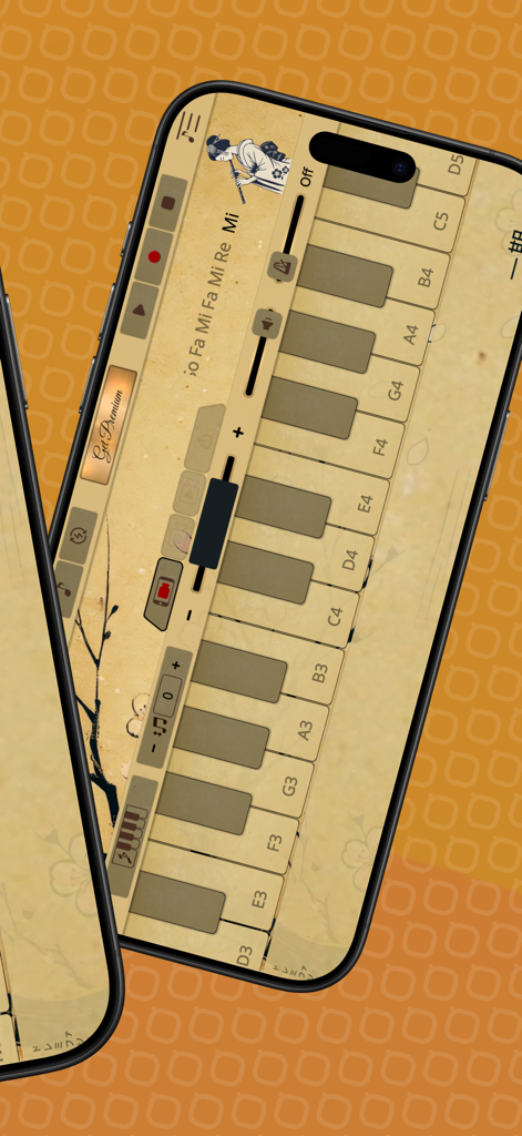 Shakuhachi Sim - Interface of Shakuhachi Sim app showing a virtual keyboard with a traditional Japanese parchment design