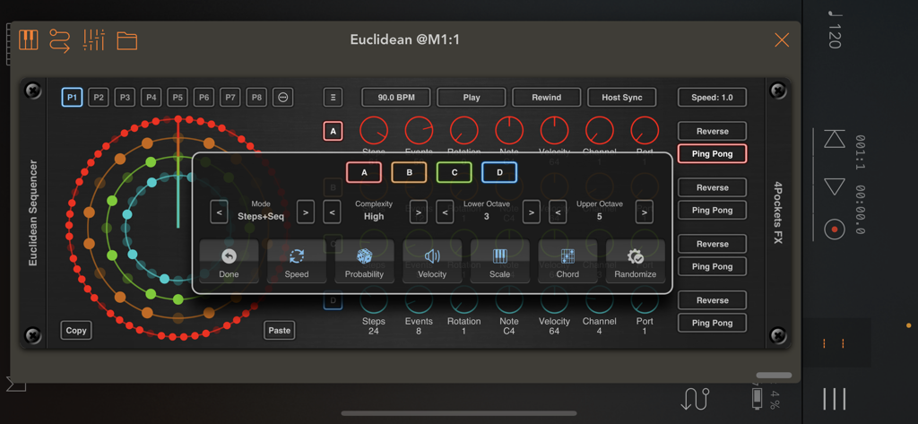 Euclidean AUv3 Sequencer - Interfaz del Euclidean AUv3 Sequencer mostrando bandas de ritmo circulares y una superposición de configuración avanzada para la producción de música generativa
