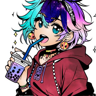 hot baddie anime girl drinking boba and biting the straw