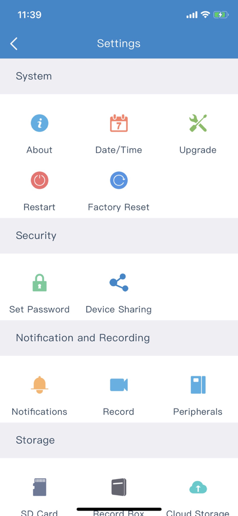 MIPC camera app settings interface showing system security notification and storage options