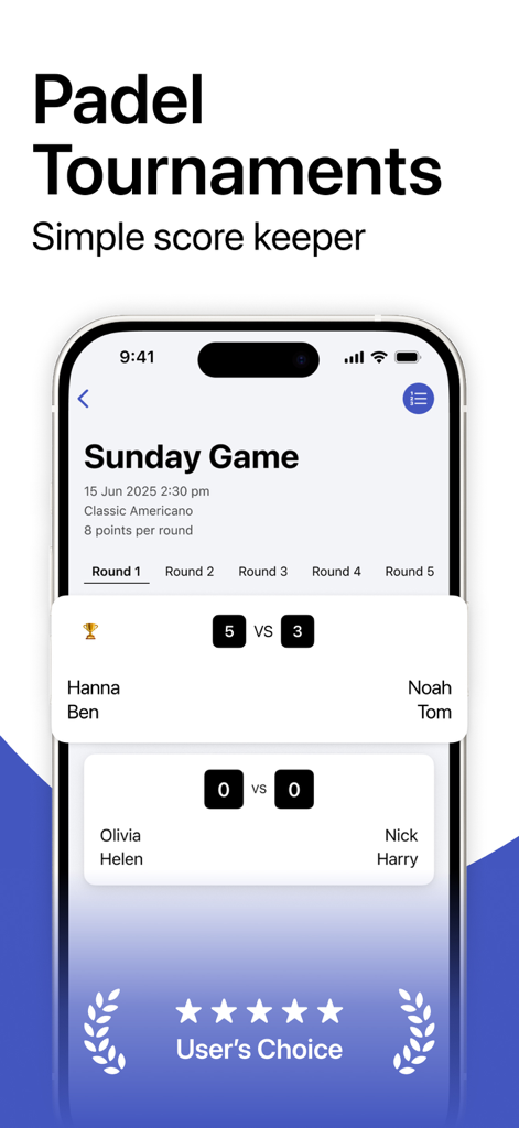 Tela do iPhone mostrando o rastreamento de placar de torneio Padel Americano para as partidas da primeira rodada