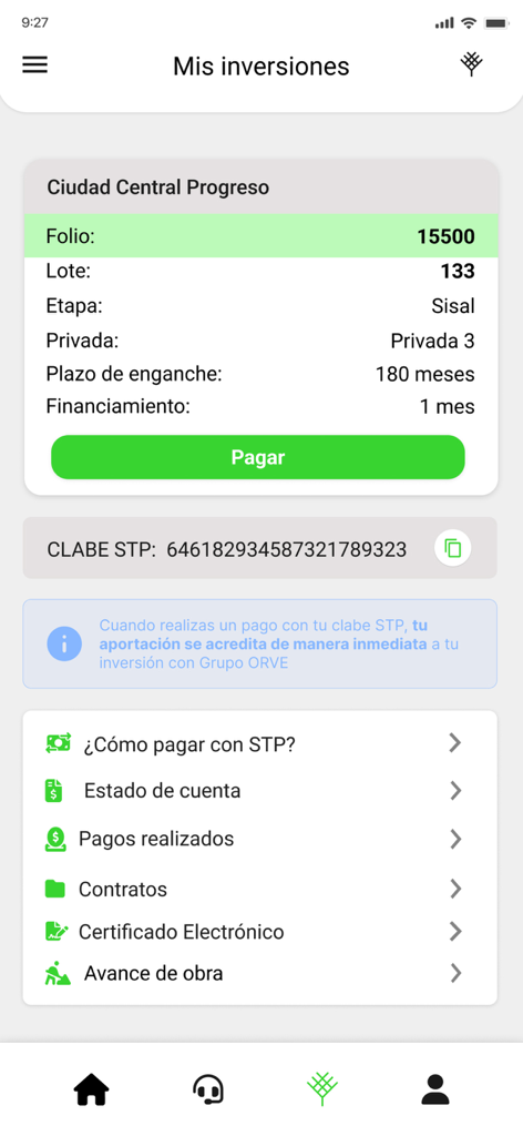 Orve - La interfaz de la aplicación Orve que muestra información de inversión inmobiliaria y funciones de pago