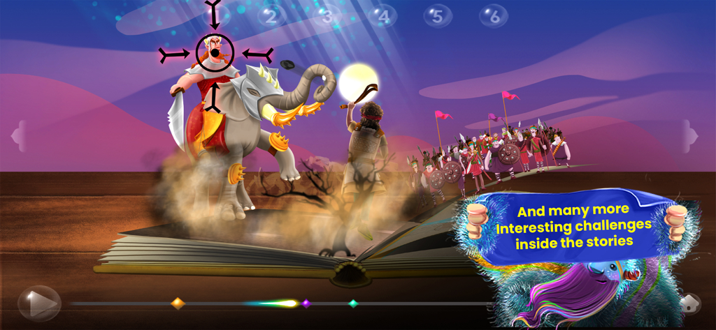 An interactive gameplay scene from the Quran Stories 4 Kids app featuring an animated storybook battle with characters and an elephant