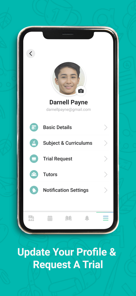 Tutopiya - Tutopiyaのモバイルアプリ画面。ユーザープロファイル設定が表示され、トライアルリクエストや家庭教師選択のオプションがあります。