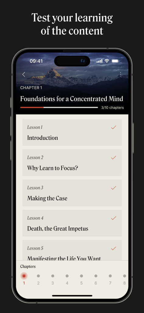 Course lesson list in the Dandapani app for concentration and focus training