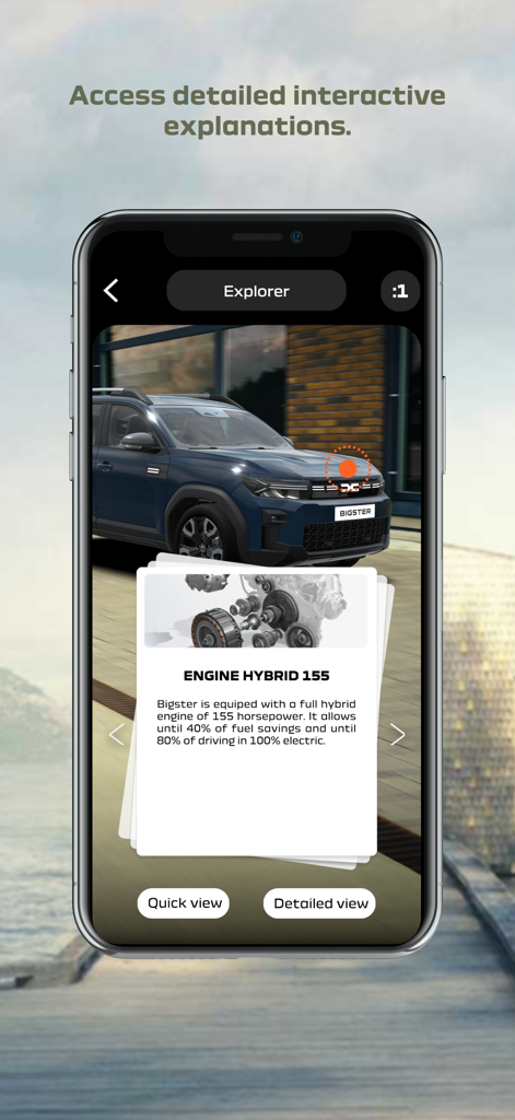 Dacia AR - 3D 자동차 모델 위에 인터랙티브 기술 카드가 있는 Dacia AR 앱 인터페이스를 보여주는 스마트폰