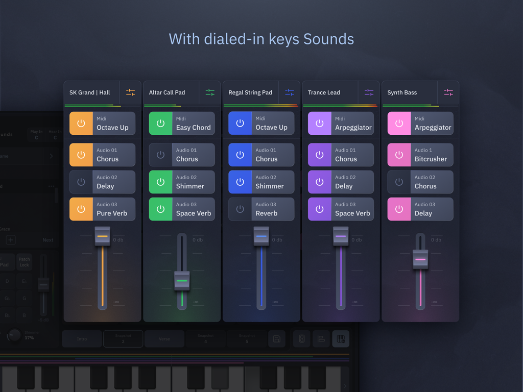 Sunday Keys - Sunday Keys app interface showing layered worship sound patches with volume faders and effects