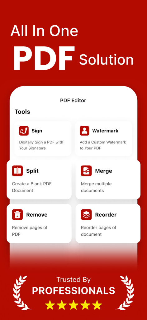 PDF Editor - Fill, Edit & Sign - Screenshot of the PDF Editor app showing a collection of tools for signing watermarking splitting and merging documents