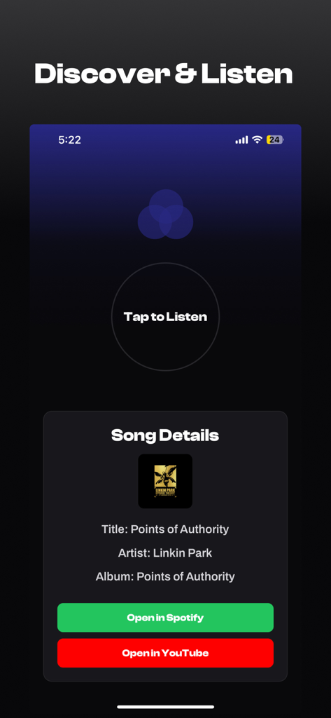 Crossfade - Interface do aplicativo Crossfade exibindo detalhes da música identificada com links diretos para Spotify e YouTube
