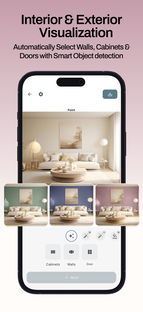 Paint AI - Color Visualizer - Paint AI App-Oberfläche, die die Visualisierung von Innenfarben mit intelligenter Objekterkennung für Wände und Schränke demonstriert.