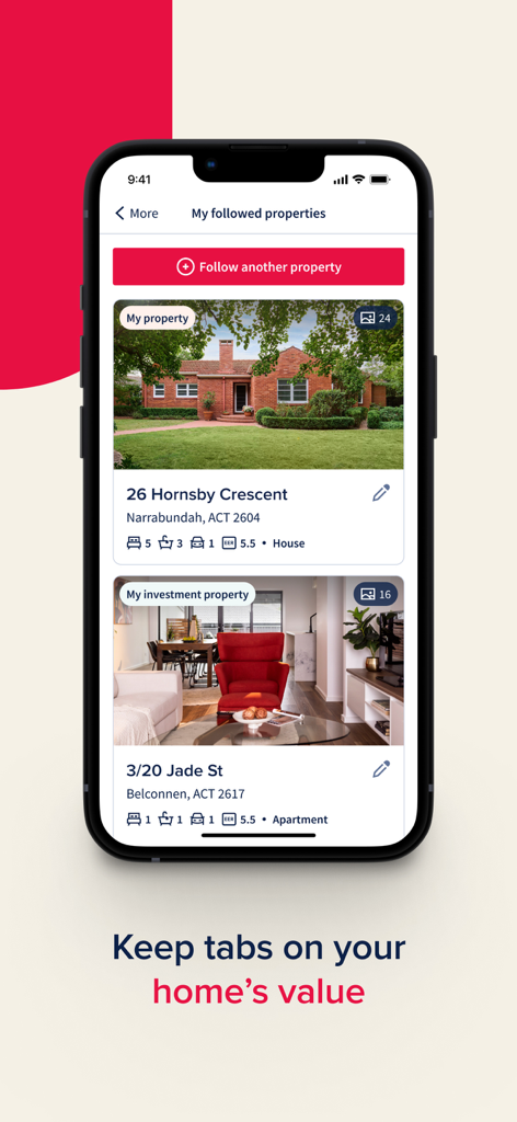Allhomes Real Estate - Allhomes app interface showing followed residential and investment properties for tracking home value