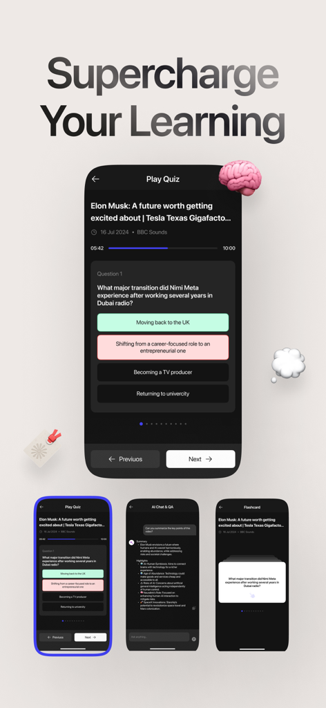 Summarify: AI Video Summarizer - Summarify app interface showing interactive video quizzes, AI chat, and flashcards for enhanced learning.