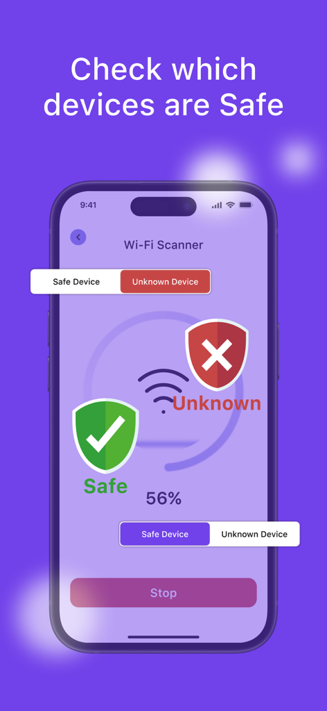 Interfaz de una aplicación móvil que muestra un escáner Wi-Fi identificando dispositivos seguros y desconocidos.