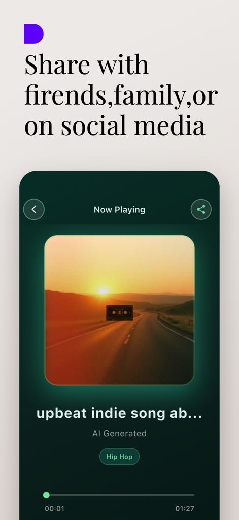 Interface of the Sonoul app showing a playback screen for an AI generated song with a share button for social media