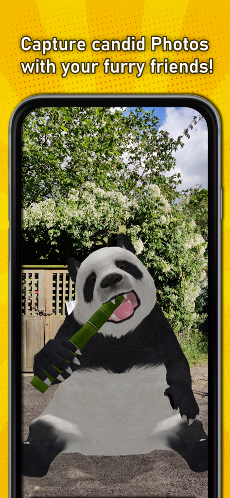 A screenshot of the Eugene AR Wiki app showing a 3D augmented reality panda in a garden setting